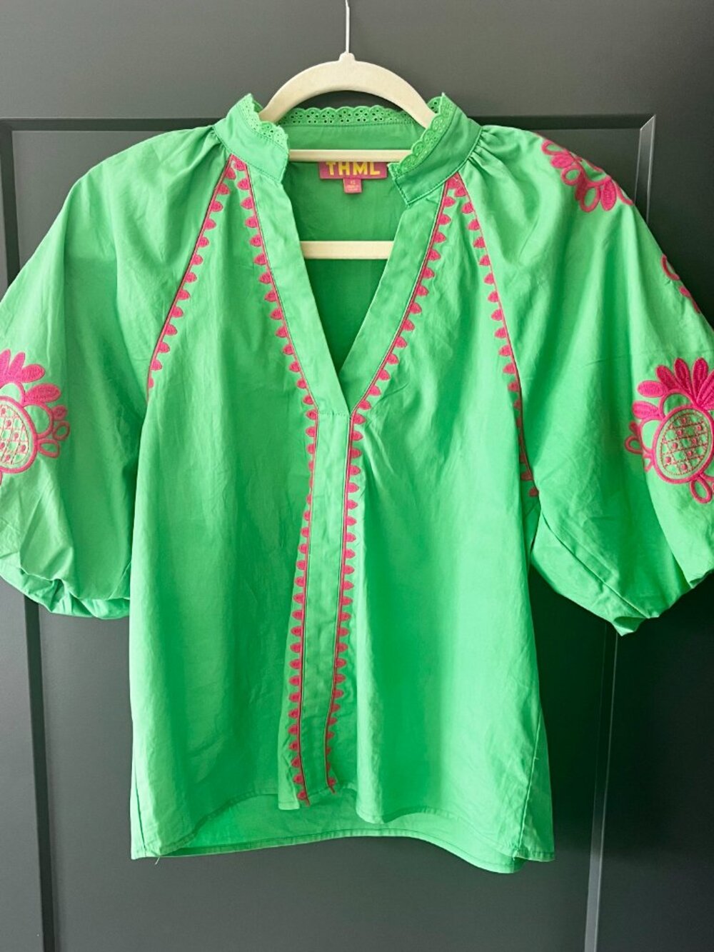 The Diego Embroidered Puff Sleeve Top by THML XS in Green - Picture 2 of 4
